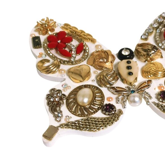 Handcrafted Butterfly Jewelry Wall Art Decor With Vintage Accents Repurposed - Picture 2 of 6